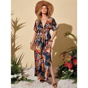SHEIN Floral Print Midi Dress - Navy and Orange